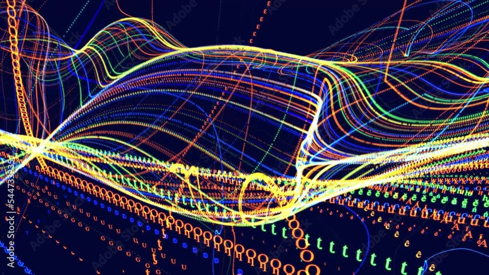 Poster digital waves. vj loop hologram abstract bg. symbols form lines, grid, strings. information concept.