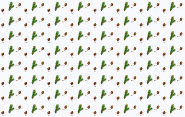 Christmas pattern of fir branches and cones on white background with snowflakes. Wonder of natural design.Gift wrapping paper design. Creative copy space