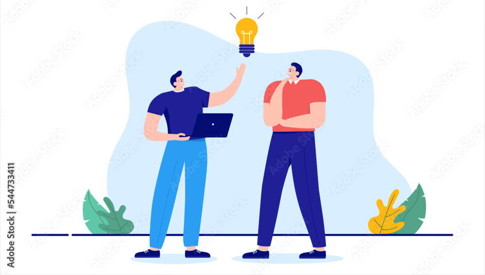 Poster idea - two men working together coming up with idea, thinking and brainstorming. flat design cartoon