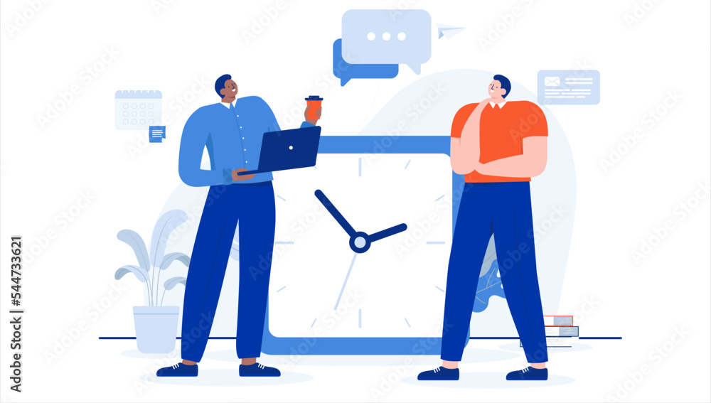 Poster work clock - two diverse people talking and working in front of big timer. work hour and time concep