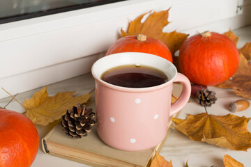 Cup of tea with pumpkins and autumn leaves on windowsill