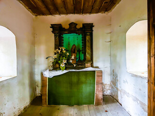 Swieta Katarzyna, Poland - October 16, 2022: An old chapel on the edge of a fir forest in the village of Swieta Katarzyna (St. Catherine) where Stefan Żeromski, a famous Polish writer, prayed.