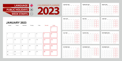 Wall calendar planner 2023 in English, week starts in Monday.