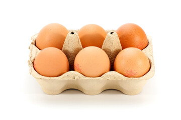 Six Eggs in Carton photographed with a white background