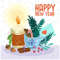 vector christmas picture. Composition with a candle and a cup, cinnamon, berries, winter cozy home. Happy new year design for congratulations, postcards, posters