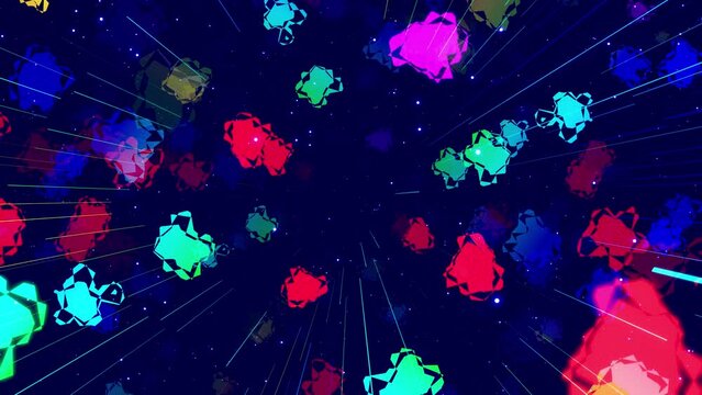 Motion graphic, camera fly in art space, multilayer structure with pattern, glow particles and lines. Ornamental texture rainbow gradient color. Motion design vj loop. Abstract colorful bg. Modern Art
