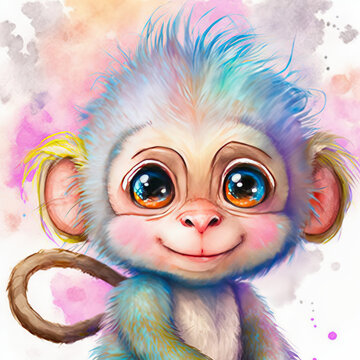 watercolor, baby animals, nursery, nursery decor, wall art, digital art, ai generated, baby monkey