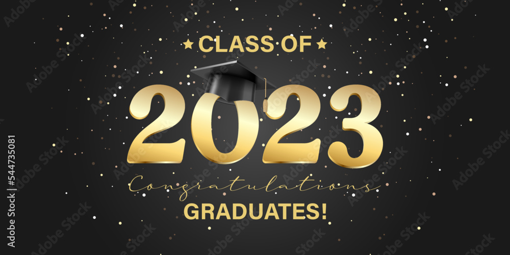 Wall mural Vector illustration. Class of 2023 badge design template in black and gold colors. Congratulations graduates 2023 banner sticker card with academic hat for high school or college graduation