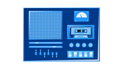 Old retro blue vintage music cassette tape recorder with magnetic tape on reels and speakers from the 70s, 80s, 90s. Beautiful icon. Vector illustration