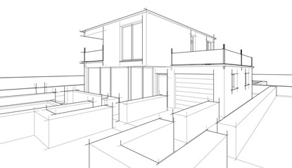 Modern house architectural drawing 3d illustration
