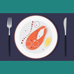 Dinner or lunch with delicious salmon steak, lemon, onion, sauce and spices. Table setting, napkin, dish and cutlery.