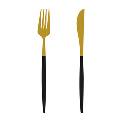 Vector illustration of cutlery knife and fork in modern design. Black handle and gold metal.