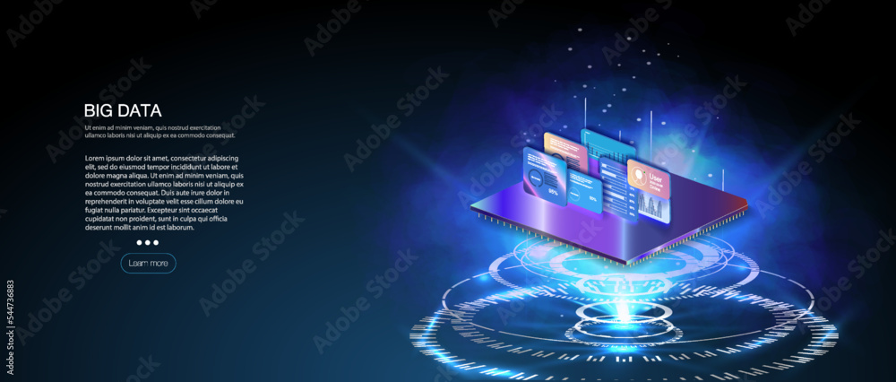 Poster modern flat design isometric concept. futuristic microchip processor with lights on the blue backgro