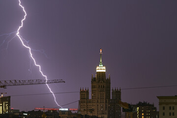 July 10, 2022. Moscow Russia. Lightning in the night sky during a thunderstorm in the Russian...