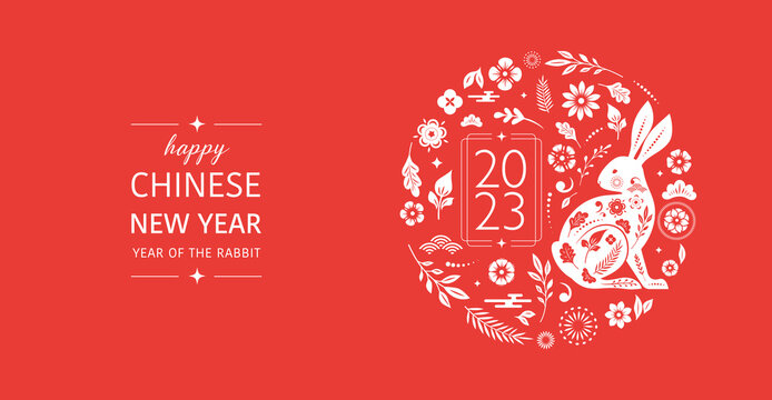 Chinese new year 2023 year of the rabbit - red traditional Chinese designs with rabbits, bunnies. Lunar new year concept, modern design. 