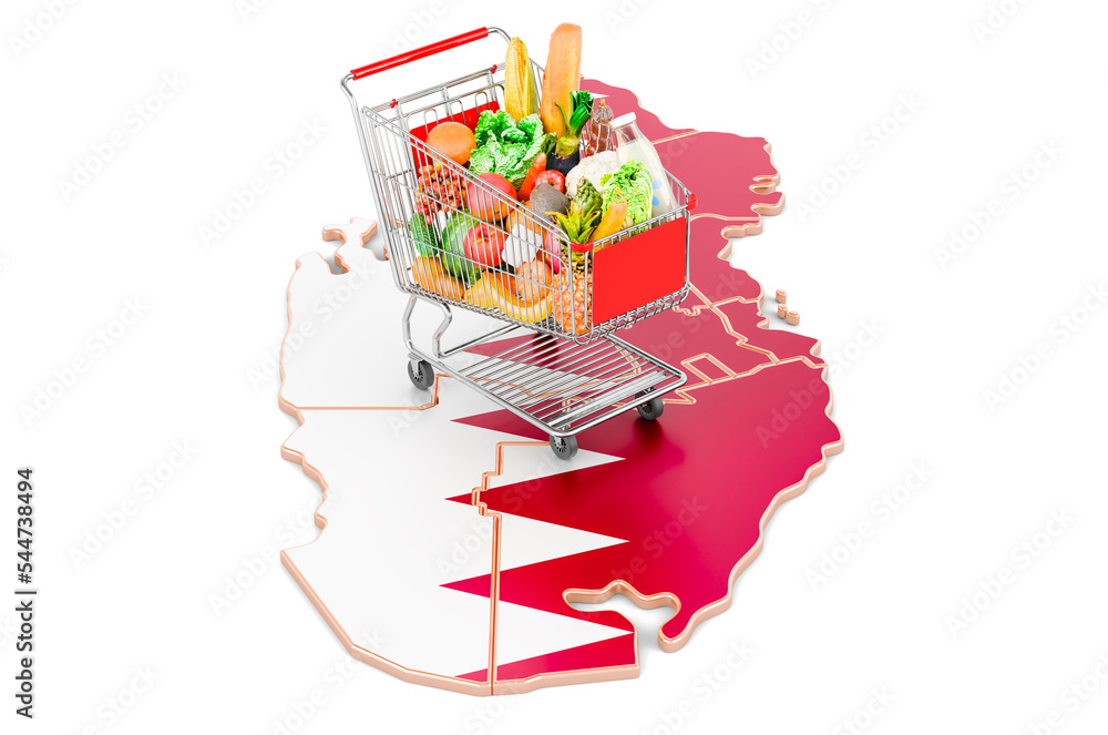 Poster purchasing power in qatar concept. shopping cart with qatari map, 3d rendering