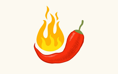 Vector illustration of chilli pepper with fire in engraving style. Vector icon of red chili pepper on isolated background in retro style. Extra spicy food.