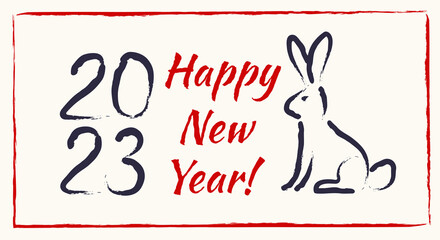 Vector caligraphy of 2023 and bunny like symbol new year. New year 2023. Hand drawing lettering with rabbit