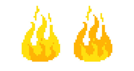 Vector illustration of fire in pixel art style. Vector set icons of pixilated flame on isolated background.