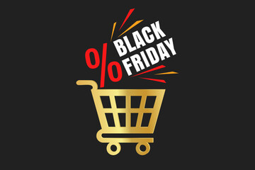 Vector icon of golden shopping cart for black friday. Vector illustration of golden shopping basket on black background.