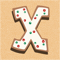 Christmas gingerbread in the shape of a letter X with white icing doodle