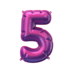 3D Render of pink purple inflatable foil balloon 5 figure. Party decoration element. Number five isolated on white background. New year celebration postcard part. Graphic element sign for web design