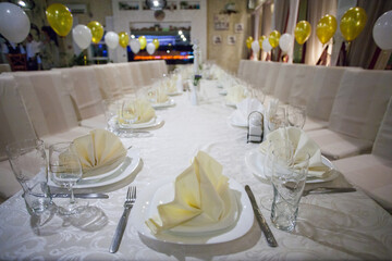 Decorated plate with fork and spoon. wedding Table restaurant