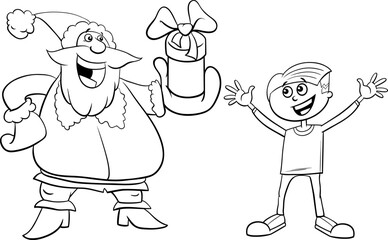 cartoon Santa Claus giving Christmas gift to little boy coloring page