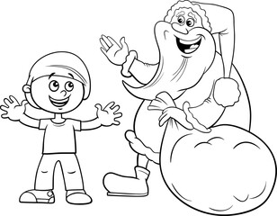 cartoon Santa Clausr with sack of presents and a boy coloring page