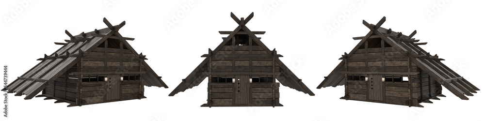 Poster ancient viking medieval house, set of 3 seen from different angles. isolated 3d rendering.