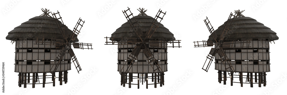 Poster round shaped medieval buildings built on stilts with timber frame. isolated 3d illustration.