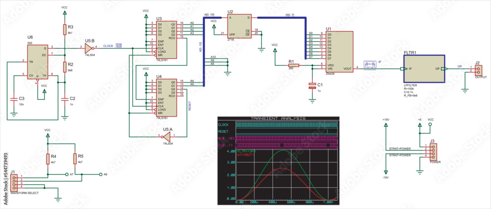 Poster vector electrical schematic circuit of a digital device and signal graphic (transient analysis)