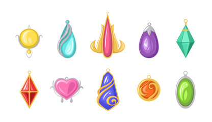 Set of colored pendants in cartoon style. Vector illustration of magic amulets of various shapes and precious stones on white background.