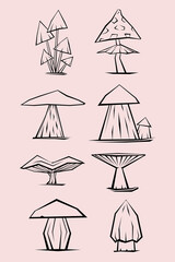 wild mushrooms set. line art vector