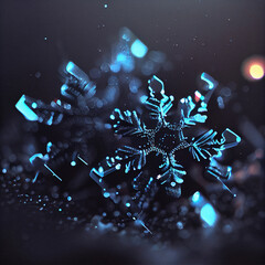 Snowflake extreme closeup under neon light on the black background. Christmas and winter background.