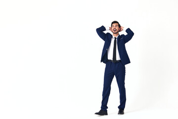 Man business smile with teeth in a suit business job walks open mouth happiness and surprise full-length on white isolated background copy space 