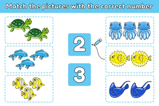 Mathematics educational game for children. Match the pictures with the correct number. Vector illustration of cartoon ocean animals.
