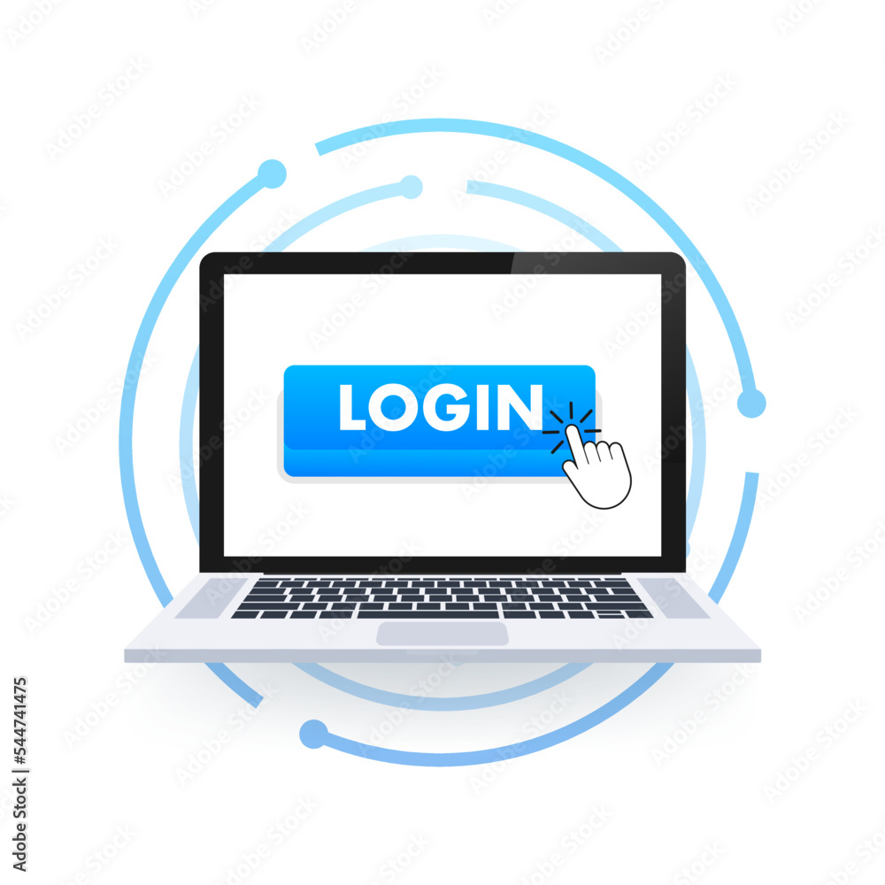 Poster blue login button. cursor icon. arrow icon. web banner. web template.