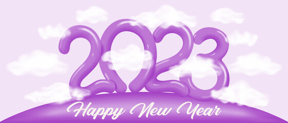 Happy New Year 2023 holiday banner. Greeting New Year's card. Purple holiday background.Vector illustration.