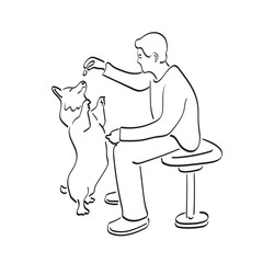 man holding pet food in hand while dog is standing on hind legs illustration vector hand drawn isolated on white background line art.