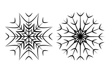 Set of two images from contour drawing of a carved snowflake in minimalist style. Line art. Isolate