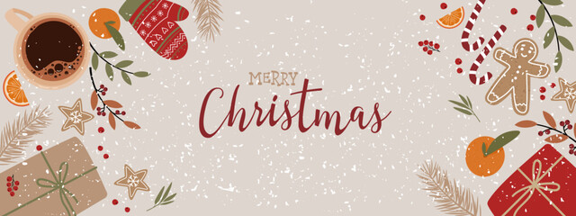 Merry Christmas and Happy New Year banner. Winter holidays design template, greeting horizontal card