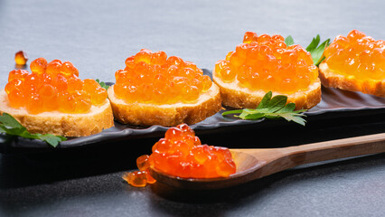 Red caviar in wooden spoon and on butter buns on black plate with green parsley on sides. Red luxury caviar on wooden spoon and on butter rolls on gray or black background.