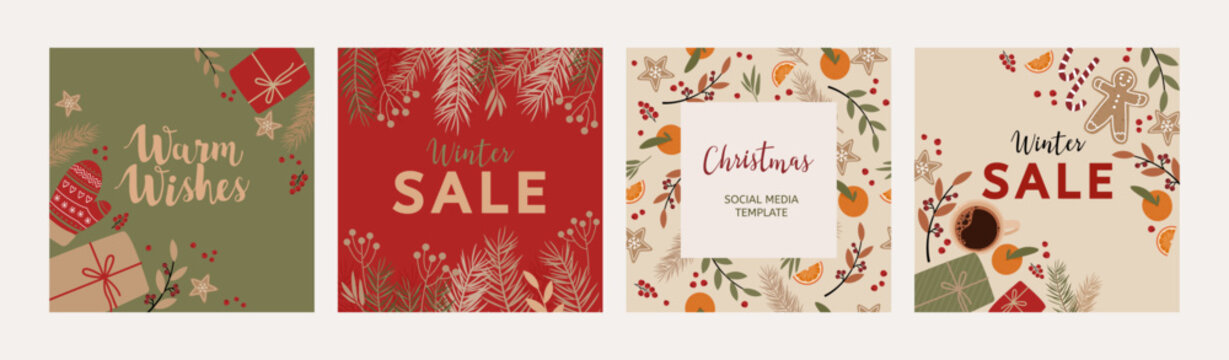 Merry Christmas and Happy New Year Set of backgrounds for social media post. Design templates for seasonal sale banner, greeting card, poster