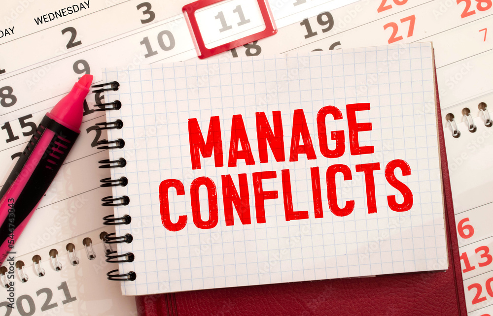 Poster business concept. notebook with text manage conflicts