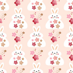 Awesome  seamless pattern with cute rabbits, flowers, Daruma  Happy japanese  new  year, 20023 - year of the Rabbit. Vector  hand drawn  illustration.