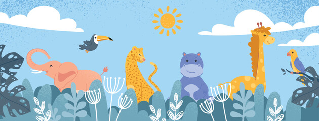Banner with tropical animals. African savannah, graphic element for printing on fabric. Elephant, giraffe and toucan. Wild life and mammals. Biology and fauna. Cartoon flat vector illustration © Mental Health