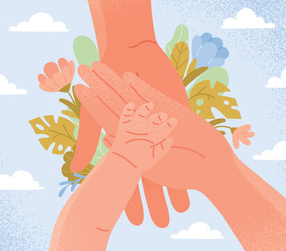 Concept of supporting family. Big hands holding small ones, mom and dad taking care of child. Mental health and psychological support. Poster or banner for website. Cartoon flat vector illustration