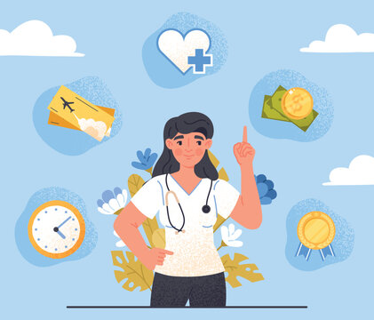 Employee Benefits Concept. Woman Points To Icons, Employee And Worker. Poster Or Banner For Website. Advocacy And Equality, Health Insurance, Money And Pension. Cartoon Flat Vector Illustration