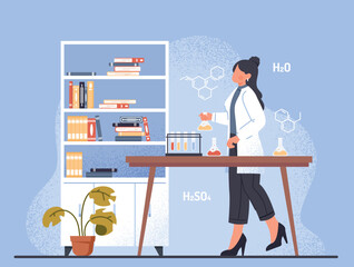 Laboratory assistant concept. Young girl with test tubes and reagents next to chemical formula. Experiments in laboratory, development of drugs and cosmetics. Cartoon flat vector illustration